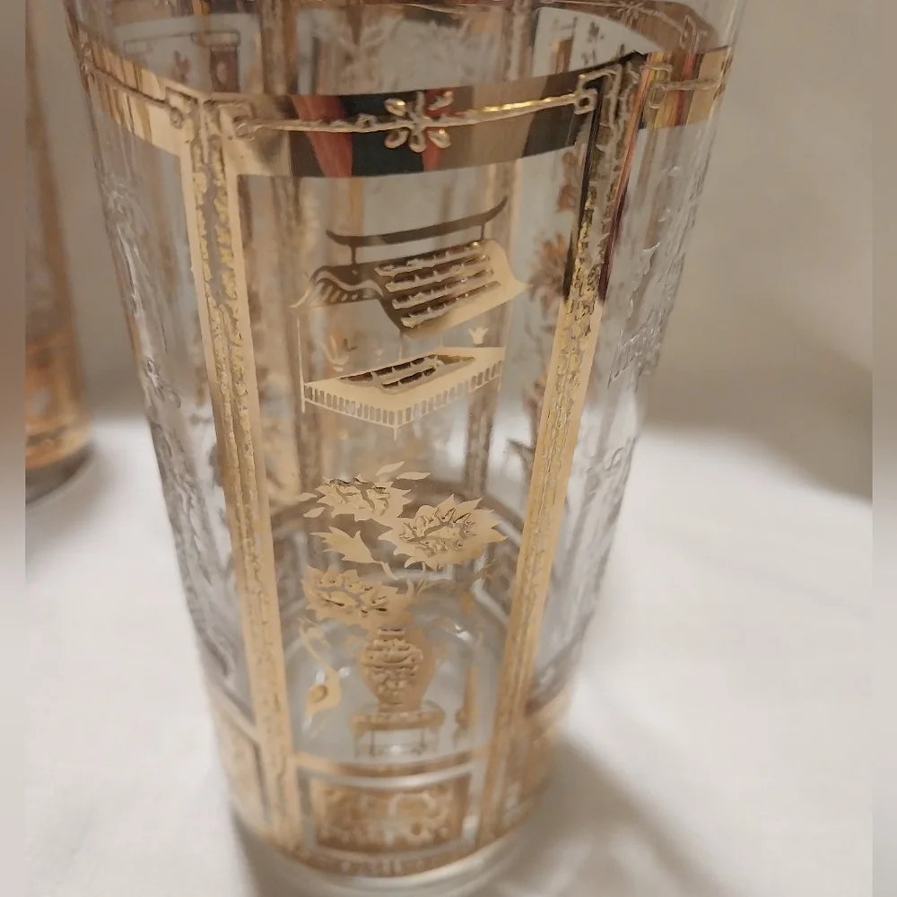 Culver Mid Century 22K Gold Chinoiserie Design Set of Four Highball Glasses